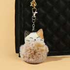 Leather Plush Cat Keychain Soft Tan Faux Leather Zinc Alloy