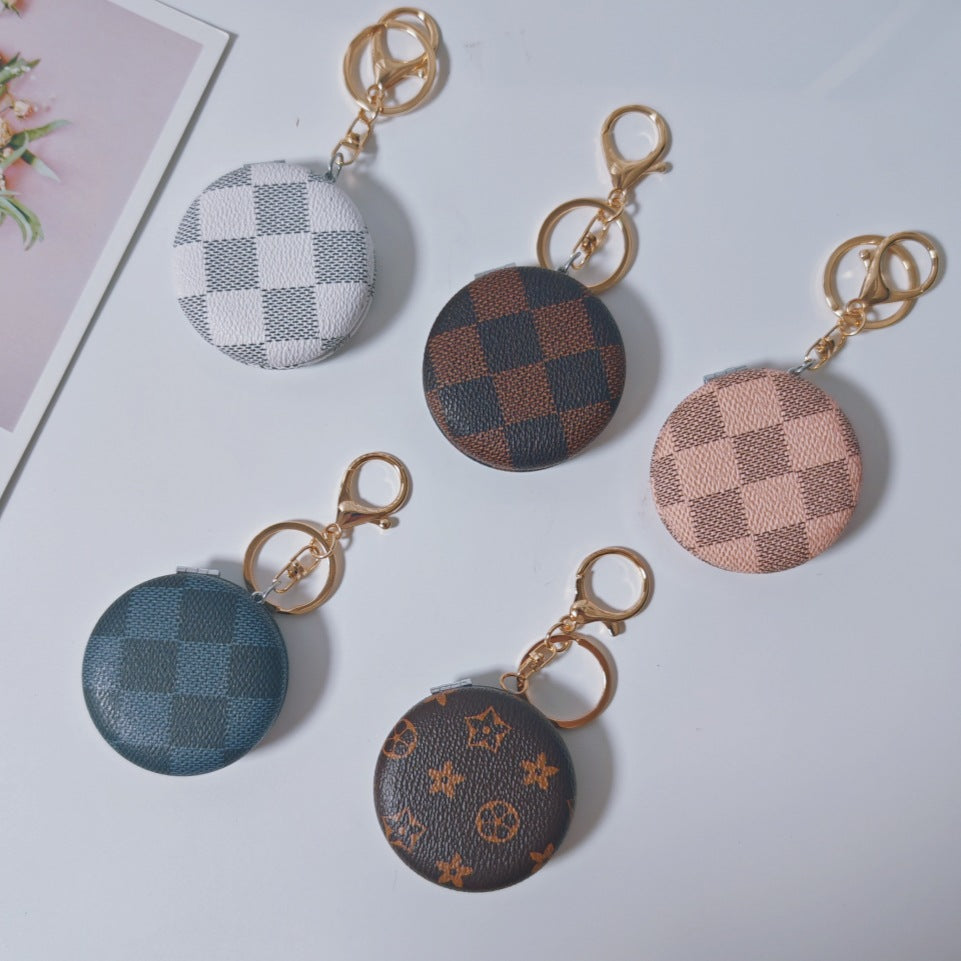 Plaid Pattern PU Leather Round Mirror Keychain Gold Clasp 2pcs