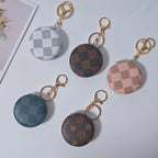 Plaid Pattern PU Leather Round Mirror Keychain Gold Clasp 2pcs