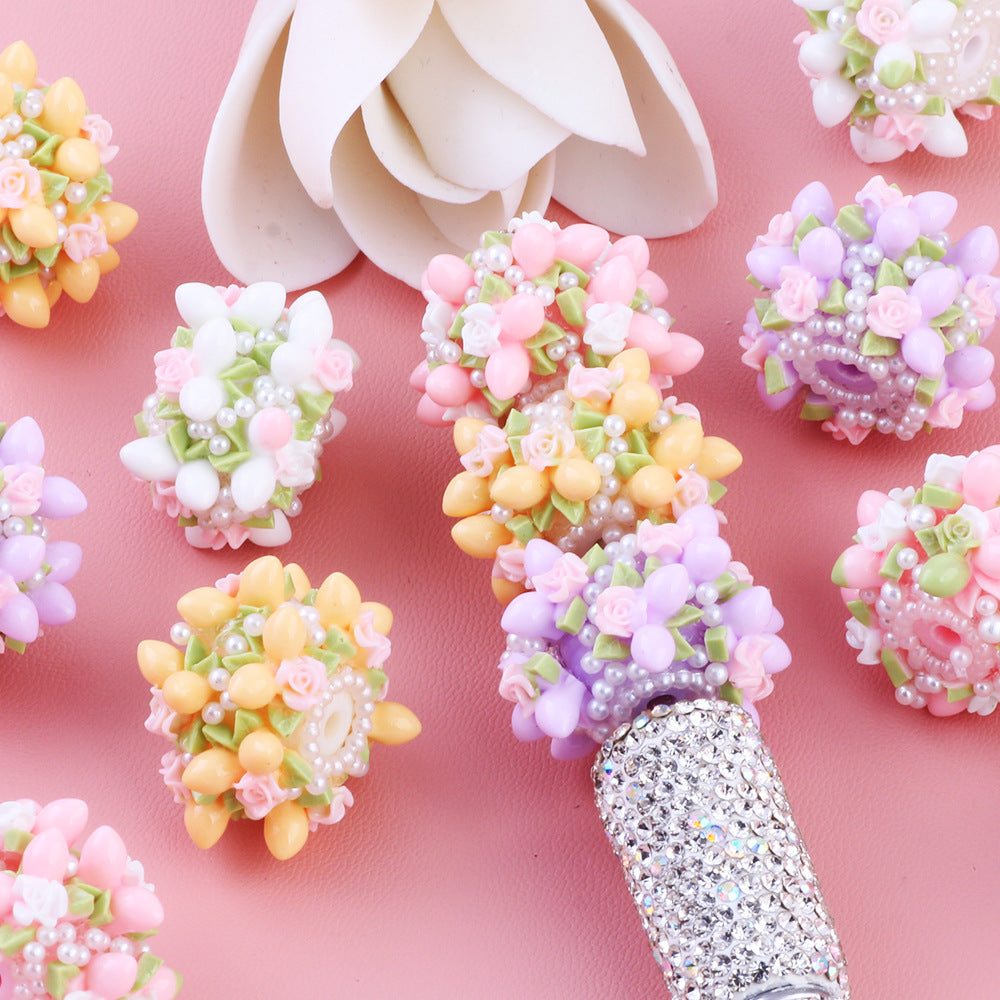 Flower Leaves Cluster Clay Beads 26mm Pastel Embellished 5pcs