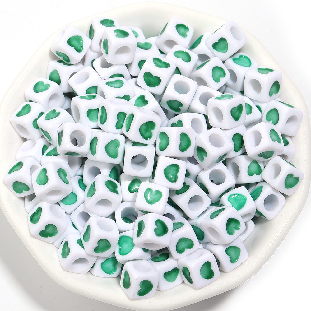 Square Acrylic Beads 6.7mm Glossy Dripping Oil Love Design 100pcs 12