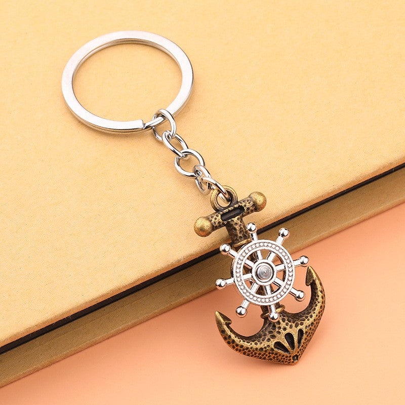 Vintage Pirate Ship Keychain Alloy Anchor and Ship Wheel Nautical Charm 4