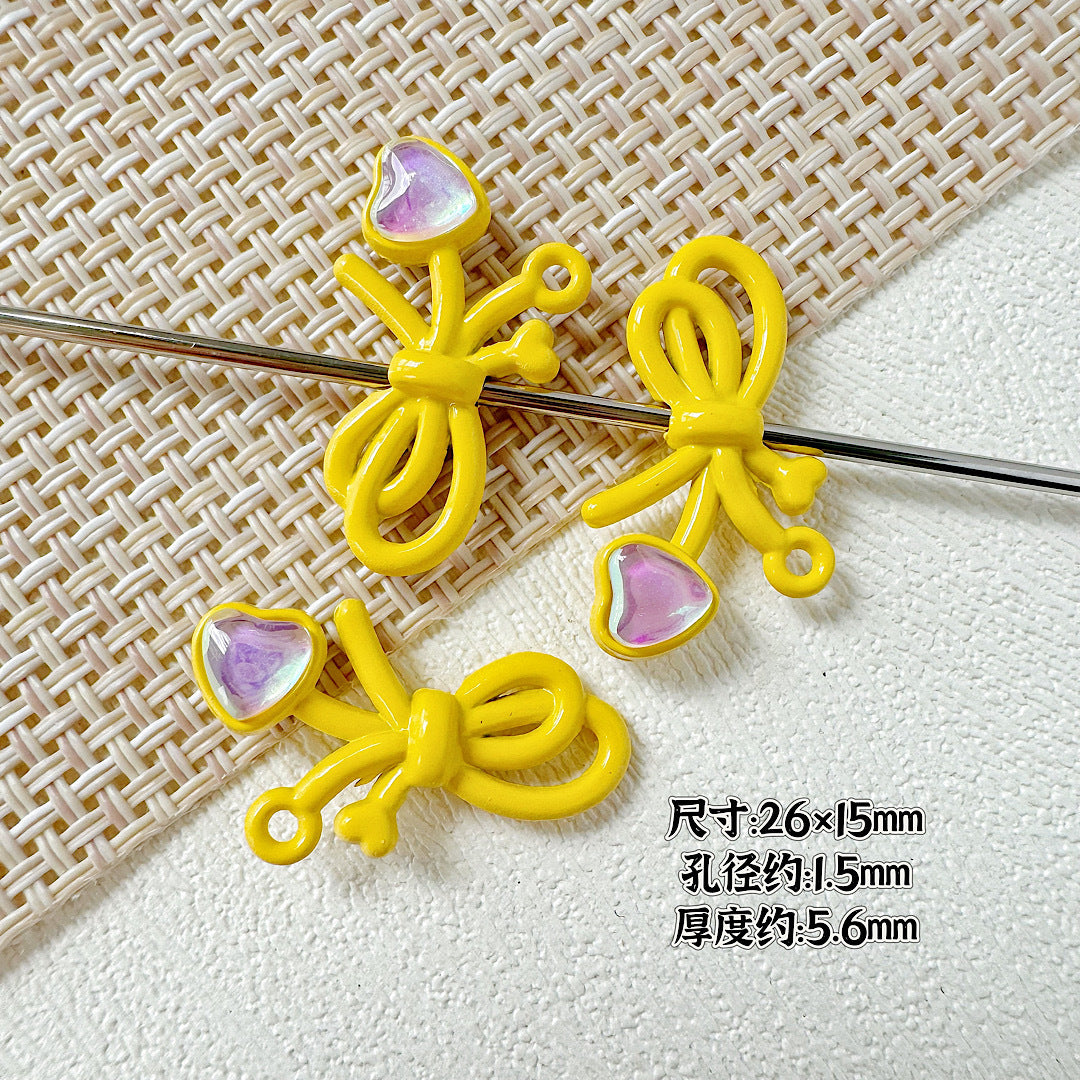 Dotted Bow Metal Beads 20mm Rhinestone Embedded Bow Metal Beads 26mm Painted 10pcs 20