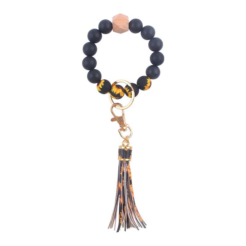 Silicone Beaded Wristlet Keychain with PU Tassel and Wood Accent 9