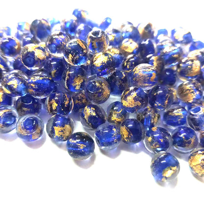 Lampwork Glass Beads Round 8 10mm Blue Gold Silver Foil Painted 50pcs
