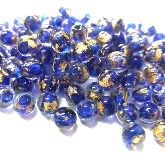 Lampwork Glass Beads Round 8 10mm Blue Gold Silver Foil Painted 50pcs