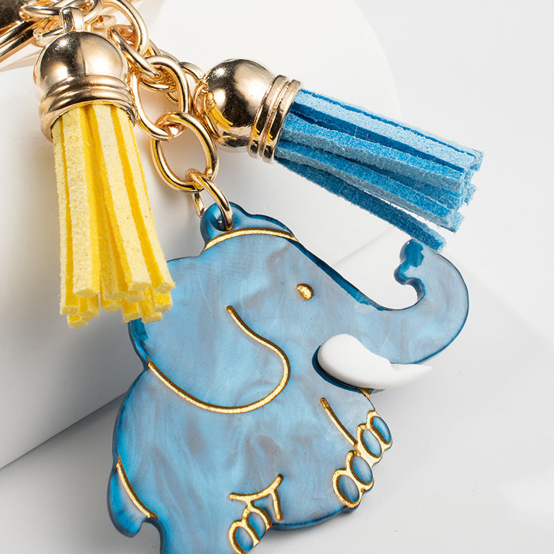 Metal Elephant Keychain Blue Marble Finish with Golden Tassels 2