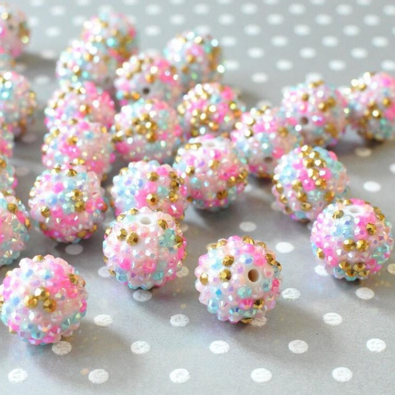Rhinestone Bubblegum Beads 10-22mm Pink Blue Gold Striped Resin 5pcs 2
