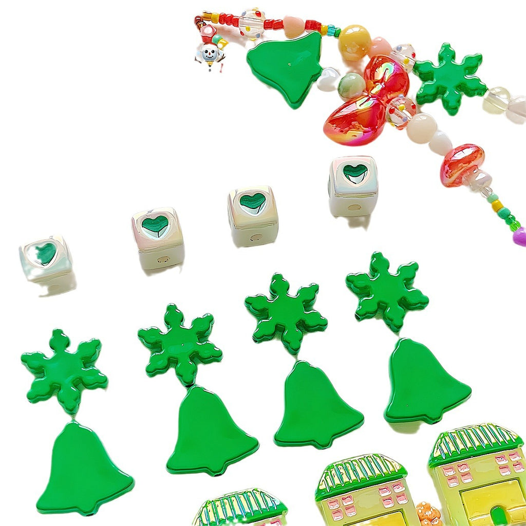 Hand Painted Christmas Acrylic Beads Glossy Green Bells Snowflakes 1pc