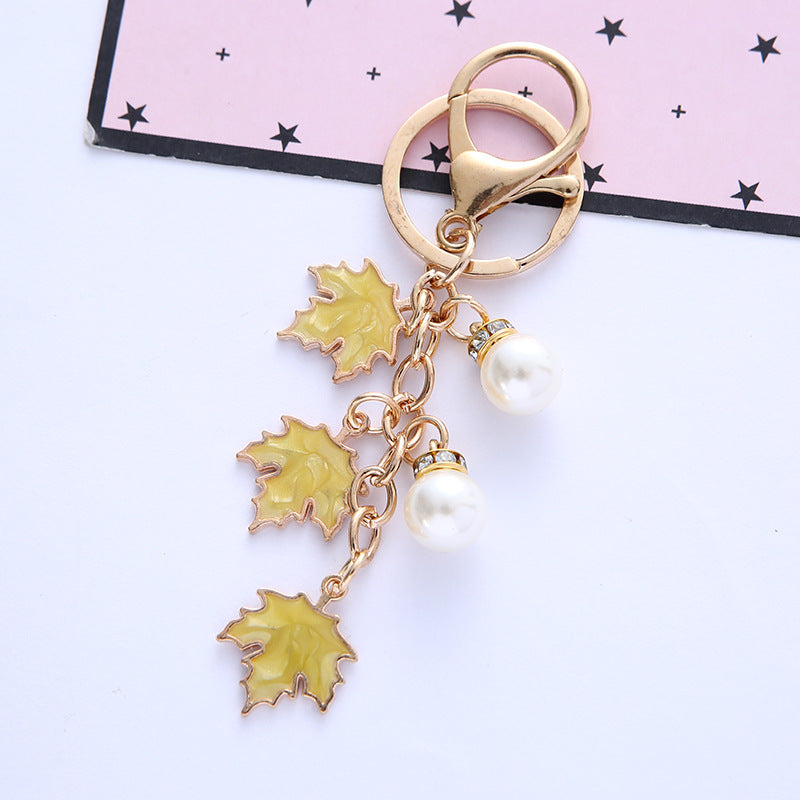 Alloy Maple Leaf Keychain with Faux Pearl Gold Tone 4