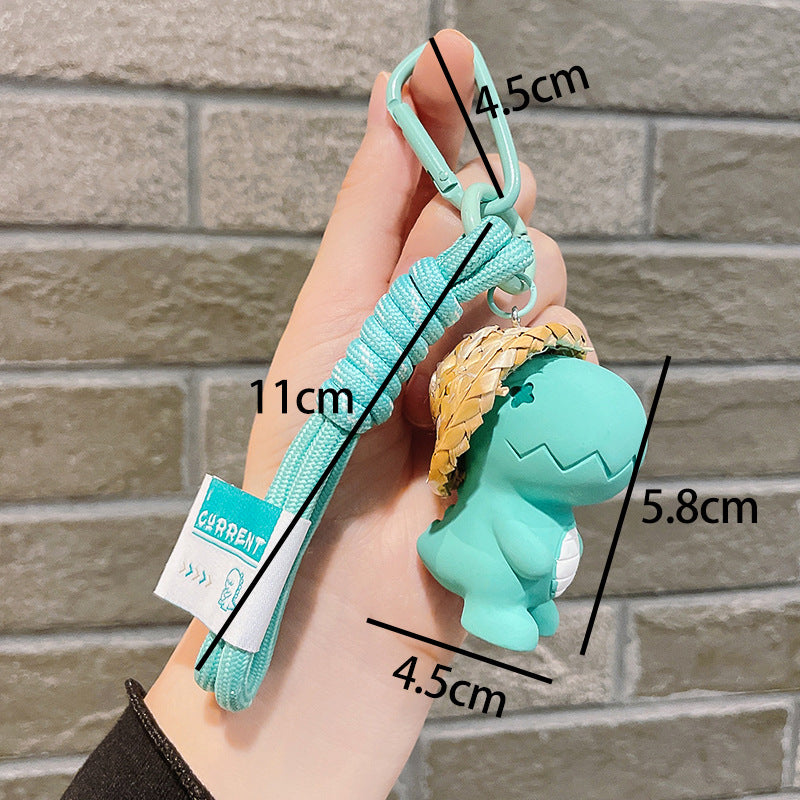Cartoon Resin Dinosaur Keychain with Straw Hat Pastel Colors 4