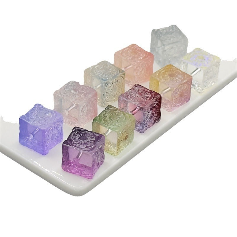 Carving Square Glass Beads 14mm Transparent Pastel Mixed 100pcs 5
