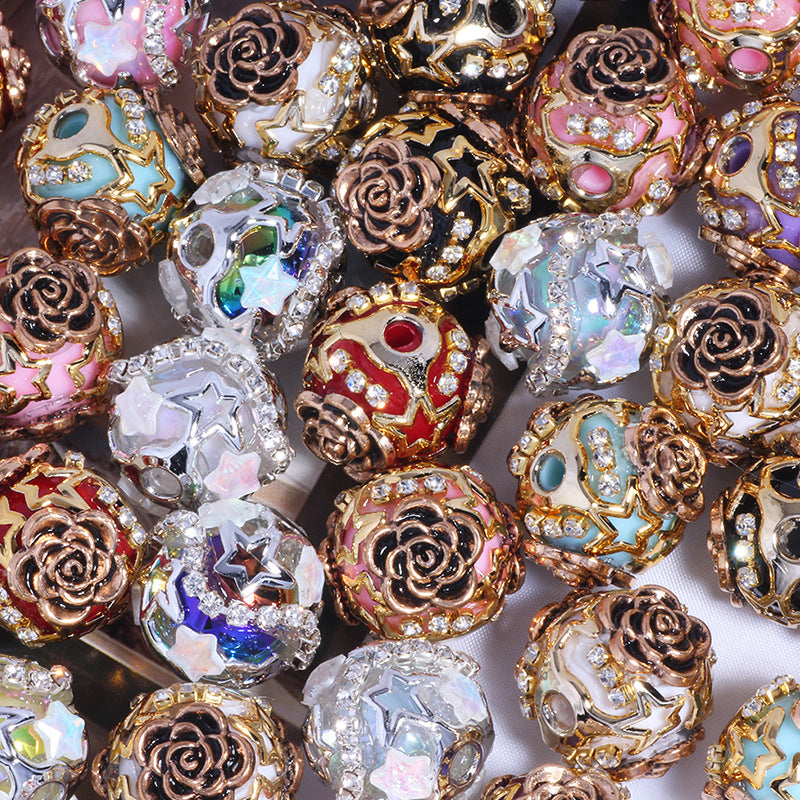 Embellished Bubblegum Beads 19mm Antique Gilded Rose Rhinestone 5pcs
