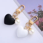 Matte Heart Keychain with Pearl Accent Black White Resin Gold Tone 2