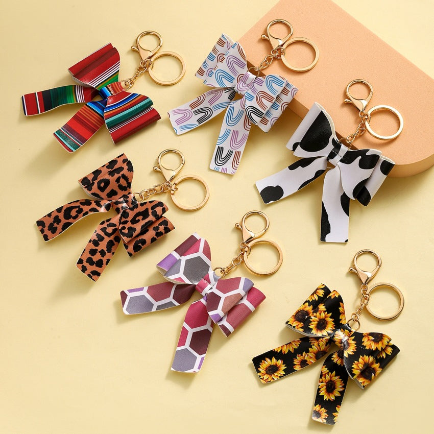 Elegant Bow PU Leather Keychains 15cm Colorful Printed 2pcs