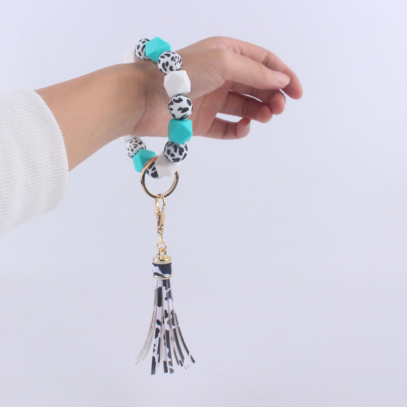 Leopard Print Silicone Bead Tassel Wristlet Keychain 3
