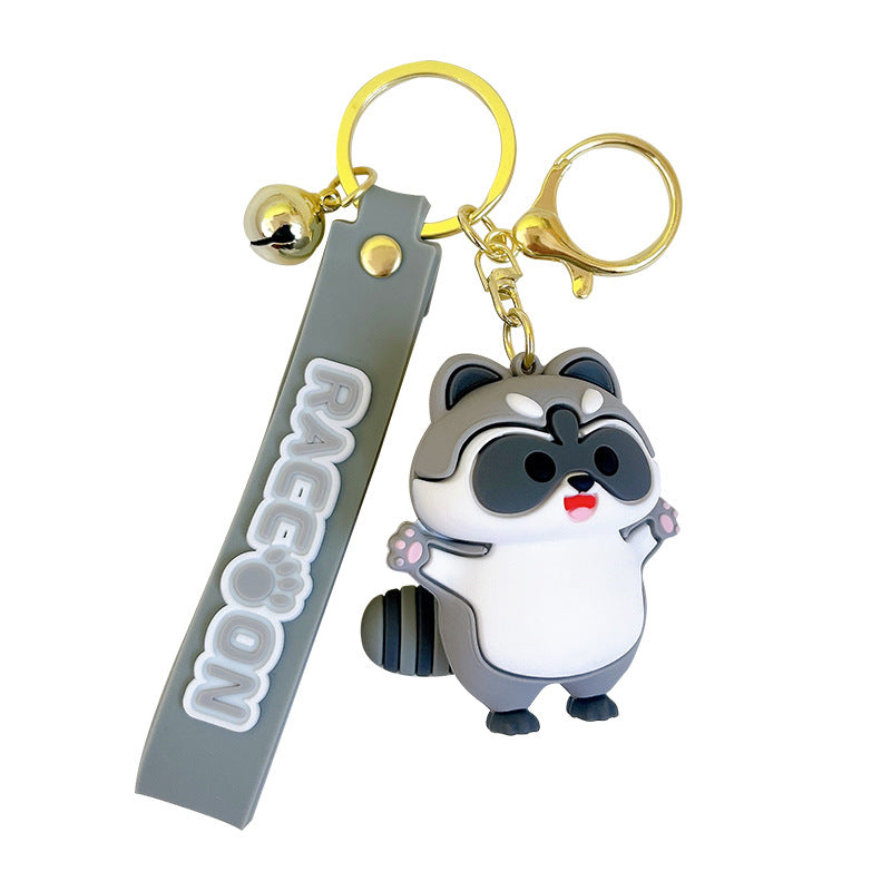 PVC Cute Raccoon Keychain Gray Soft Tone With Jingle Bell 4