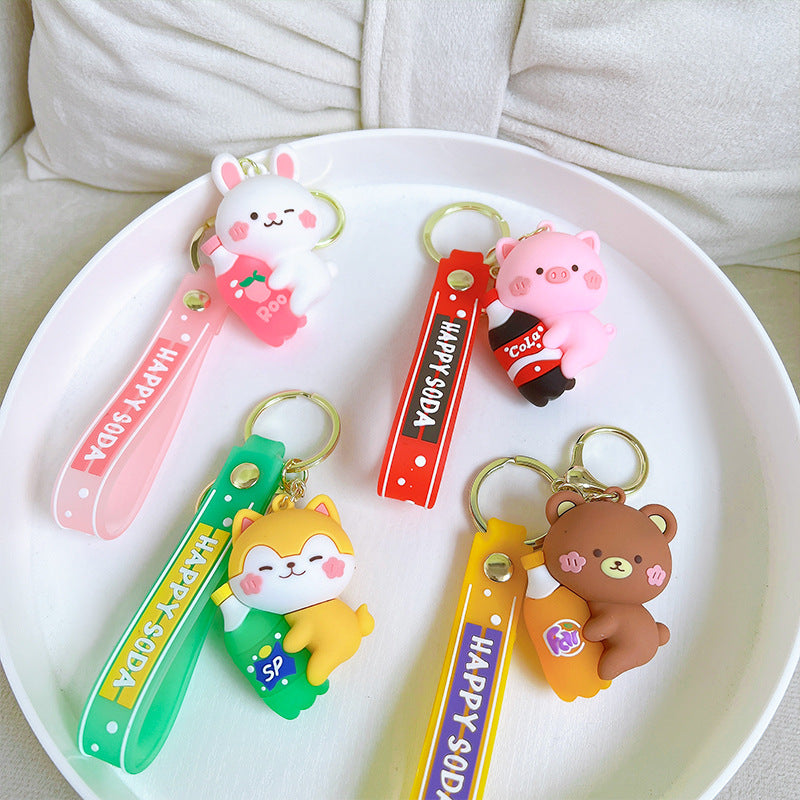 PVC Animal Cartoon Piglet Keychain with Soda Bottle Red Pink 4