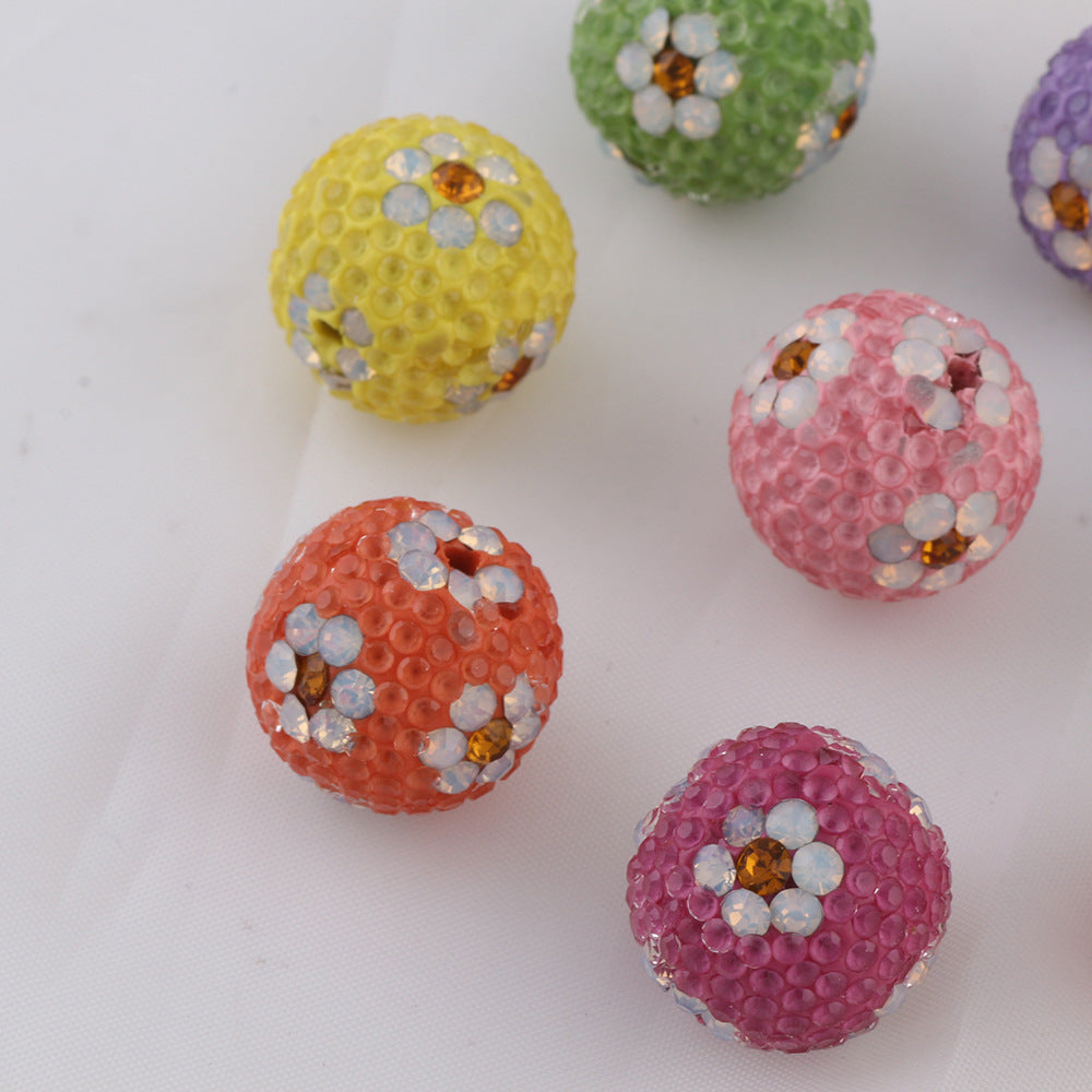 Rhinestone Round Clay Beads 16mm Tiny Daisy Pattern Multicolor 6pcs 3