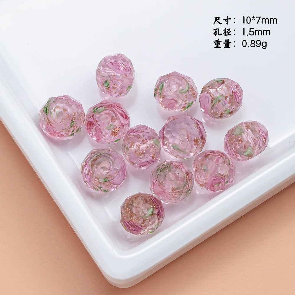 Lampwork Glass Beads Floral Pink Tone Translucent Faceted 4pcs 11