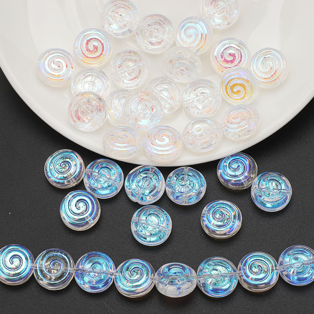 Electroplated Flat Spiral Glass Beads 12mm Metallic Iridescent 30pcs 18