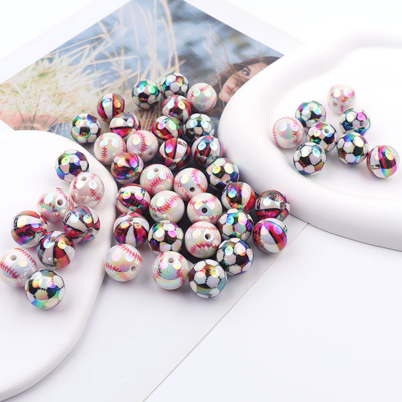 Plating Round Acrylic Beads 16mm UV Sports Ball Pattern 20pcs 2