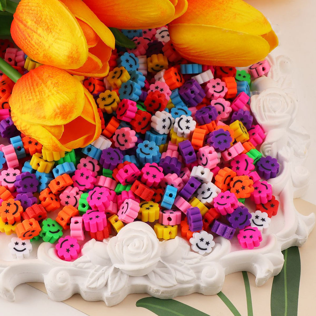 Flower Clay Beads 9mm Colorful Smiley Face With Star Eyes 100pcs 4