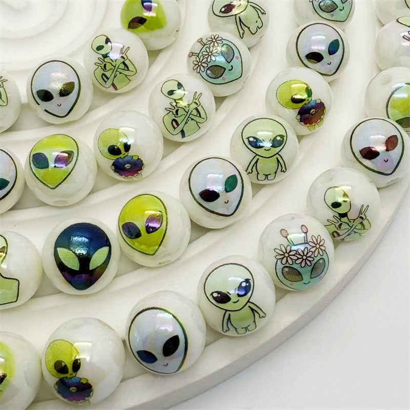 Plating Round Acrylic Beads 16mm Alien Design Mixed Colors 50pcs 2