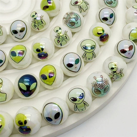 Plating Round Acrylic Beads 16mm Alien Design Mixed Colors 50pcs 2
