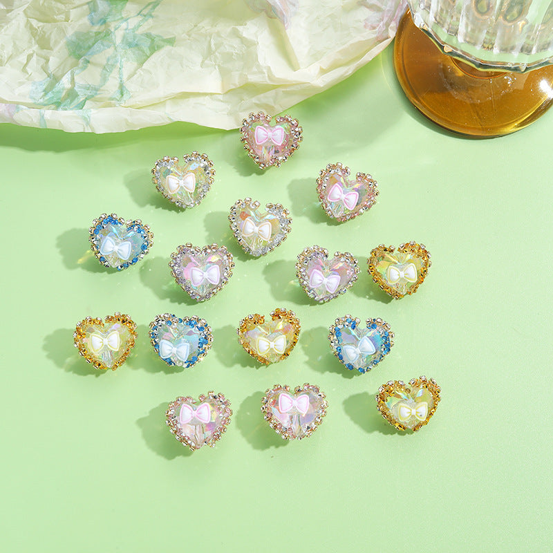 Bow Heart Acrylic Beads 20mm Iridescent Rhinestone Pastel 10pcs 2