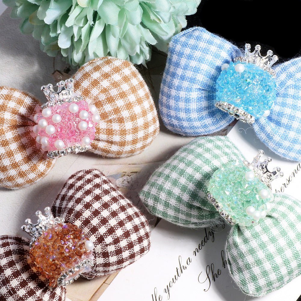 Plaid Bow Fabric Beads Wholesale, Gingham Crown Pearl Center, 35mm