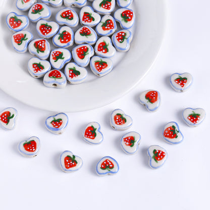 Hand Painted Heart Ceramic Beads 14mm Floral Pattern 5pcs 2