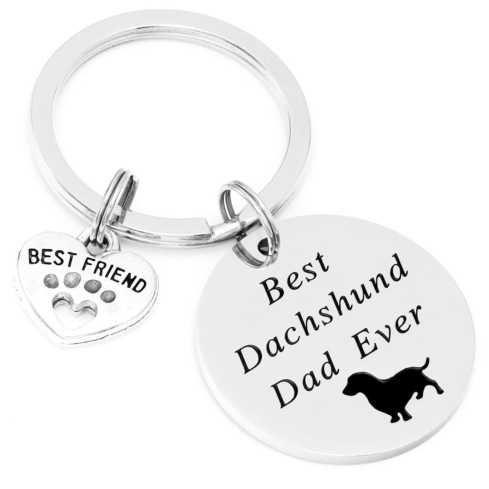 Dachshund Dog Keychain Stainless Steel Engraved Paw Print Charm 7