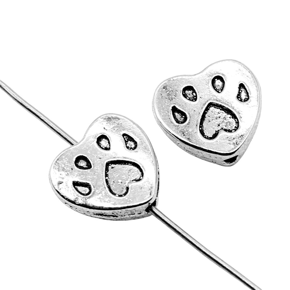 Heart Metal Beads 11mm Paw Engraved Silver Alloy 30pcs 3