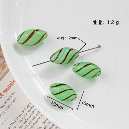 Vintage Pattern Olive Shaped Blown Glass Beads Handmade 4pcs 9
