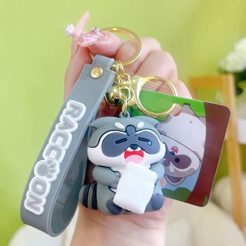 PVC Cute Raccoon Keychain Gray Soft Tone With Jingle Bell 7