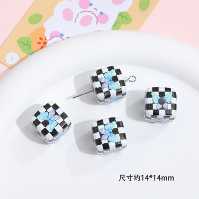 Plaid Sunflower Square Acrylic Beads 14mm Colorful Floral 10pcs 22