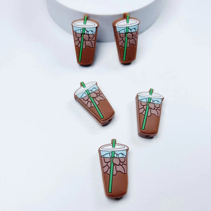Silicone Focal Beads Camel Milk Tea Cup With Green Straw 20pcs 2