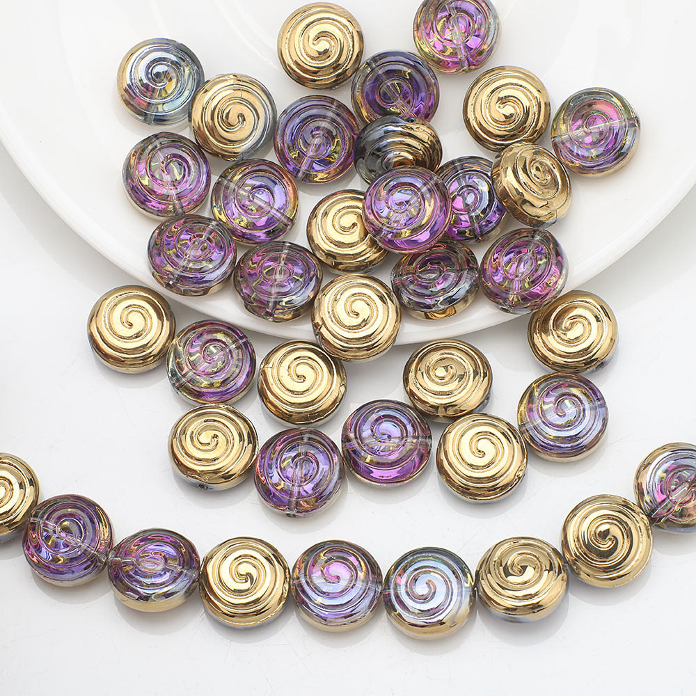Electroplated Flat Spiral Glass Beads 12mm Metallic Iridescent 30pcs