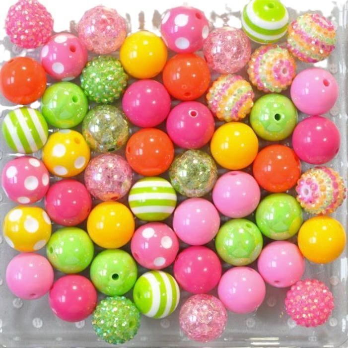 Bubblegum Beads 20mm Pink Green Yellow Orange Polka Dot Strip Chunky Mix 50pcs 3