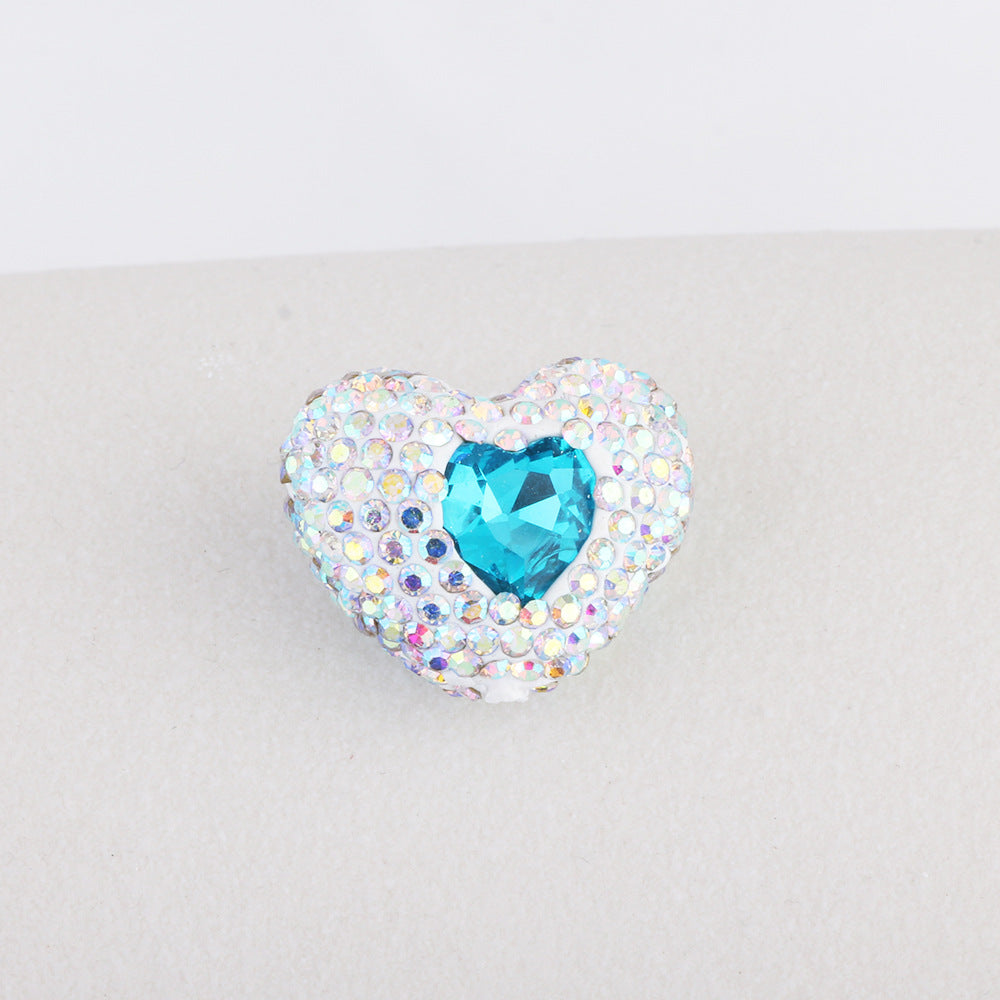 Rhinestone Heart Clay Beads 24mm White Sparkling Center 6pcs 6
