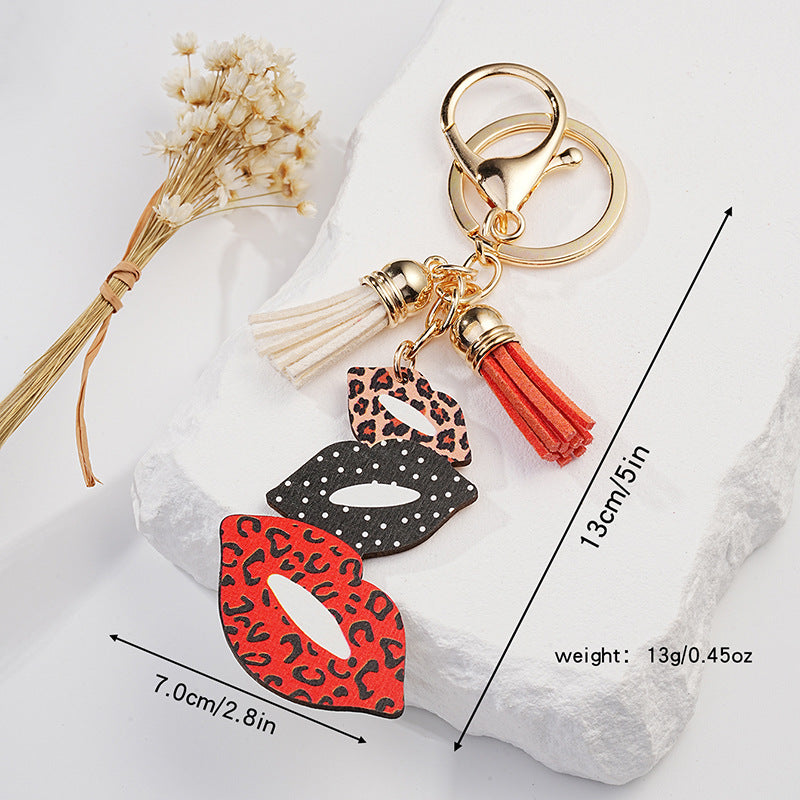 Metal Lip Keychain Vibrant Leopard Polka Dot Tassel 13cm 5
