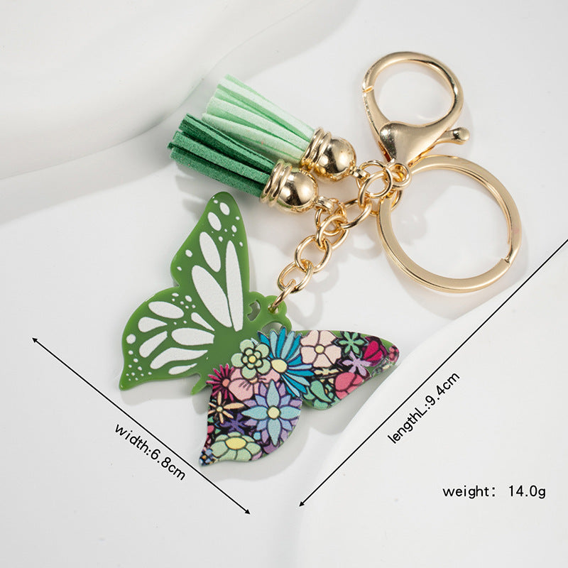 Metal Butterfly Tassel Keychain Green Floral Mosaic Charm 5