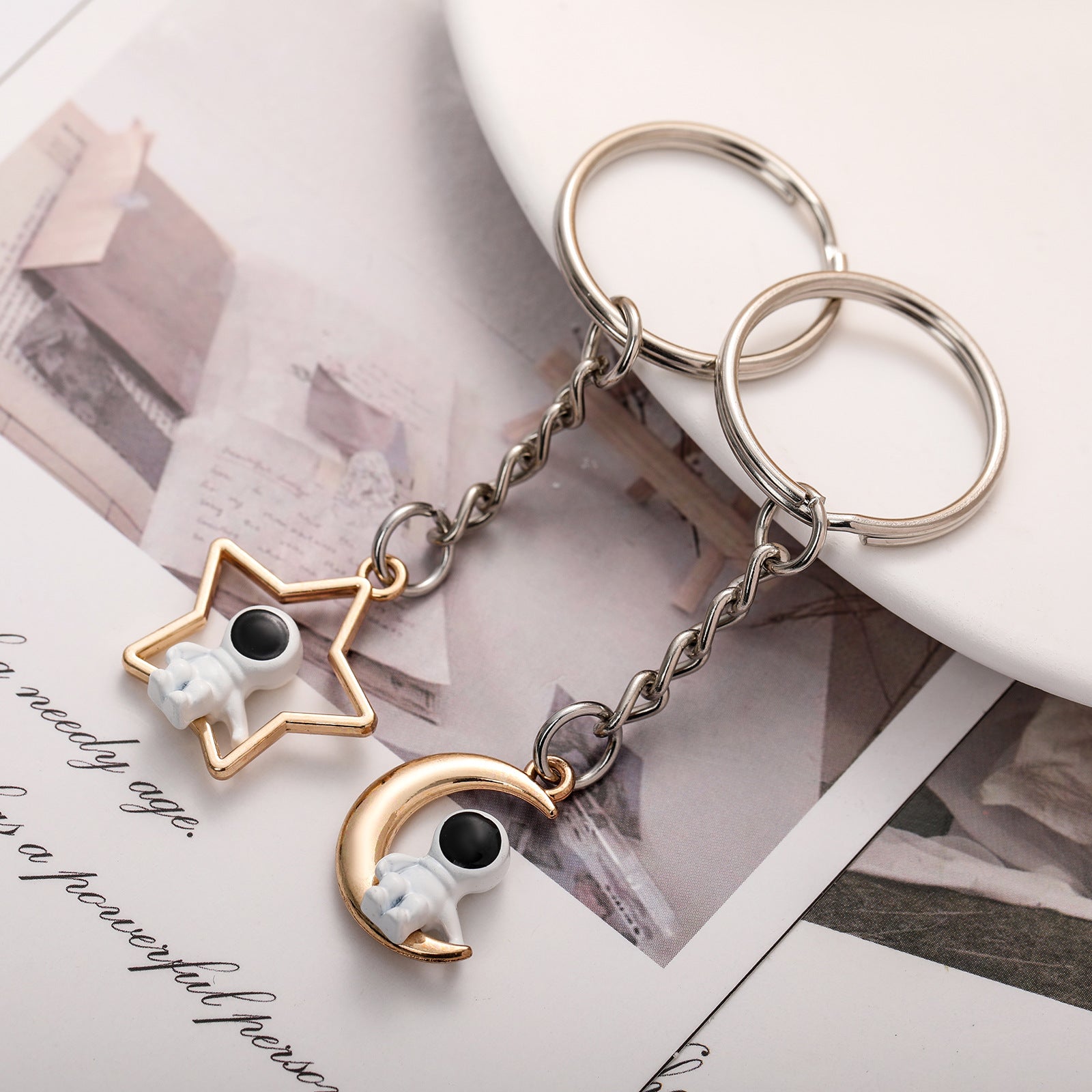 Astronaut Keychain Alloy Gold Tone Moon and Star Design