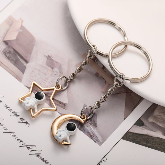 Astronaut Keychain Alloy Gold Tone Moon and Star Design