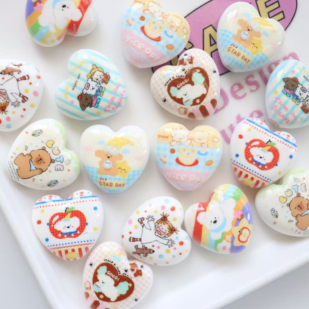 Cheerful Animal Printed Heart Acrylic Beads 25mm 20pcs 2