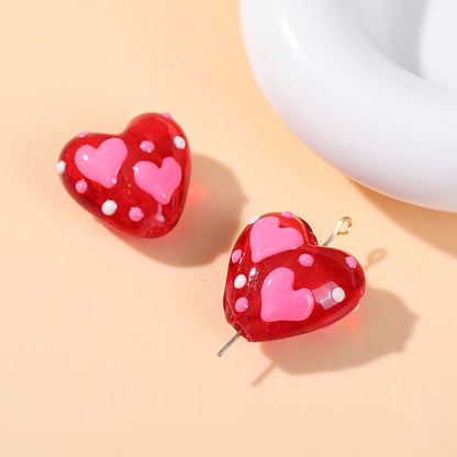 Hand Painted Heart Glass Beads 20mm Red Enamel 2pcs 9