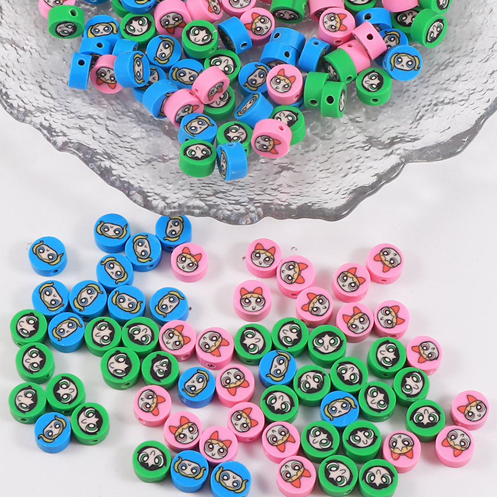 Flat Clay Beads 9mm Power Puff Girl Polymer Colorful 100pcs 4