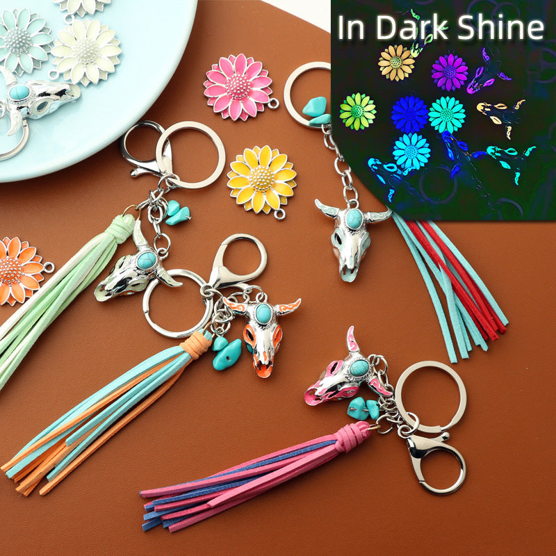 Western Glow in the Dark Ox Skull Keychain Metal Turquoise Tassel
