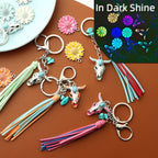 Western Glow in the Dark Ox Skull Keychain Metal Turquoise Tassel